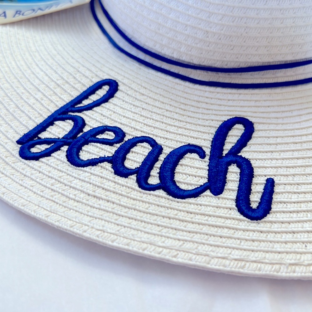 Isle Bonita BEACH PLEASE floppy hat. White beach sun hat with blue stitching NWT - Picture 5 of 7